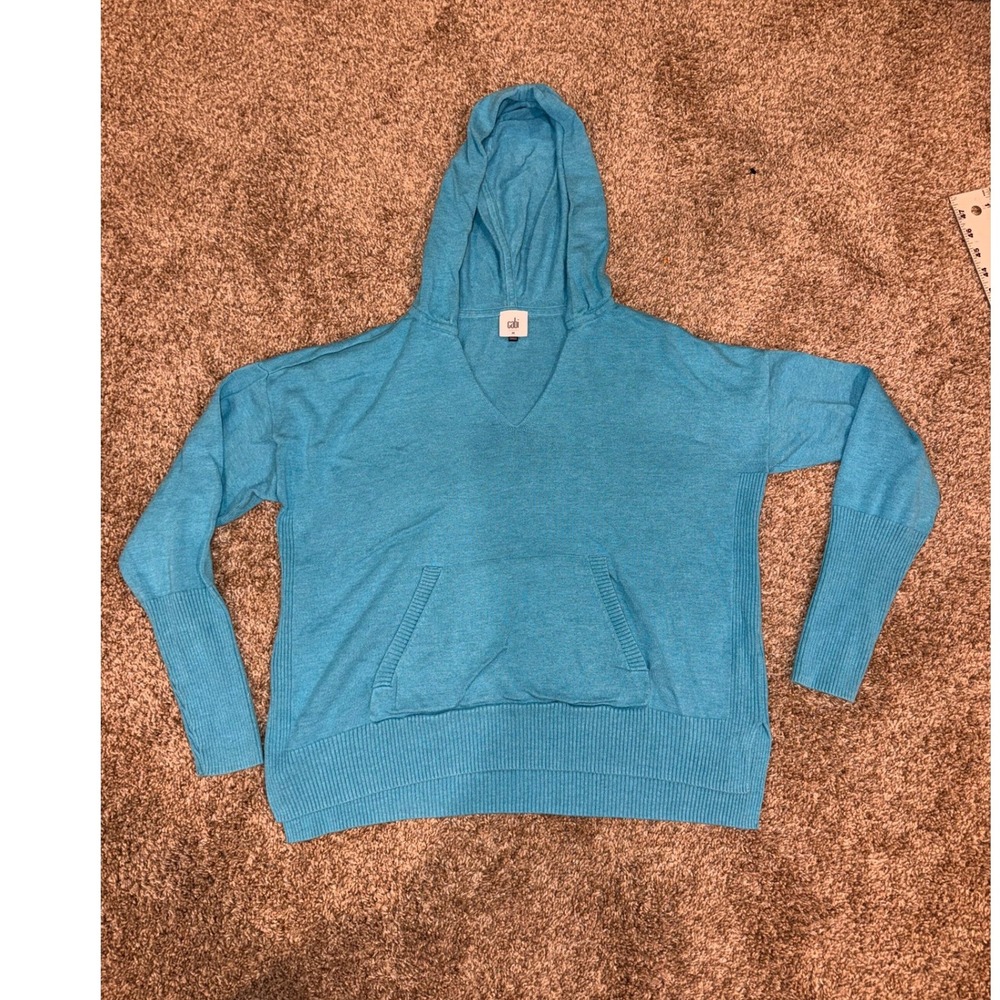 Cabi Turquoise Blue Knit Hooded Pullover Sweater V-Neck Medium-740